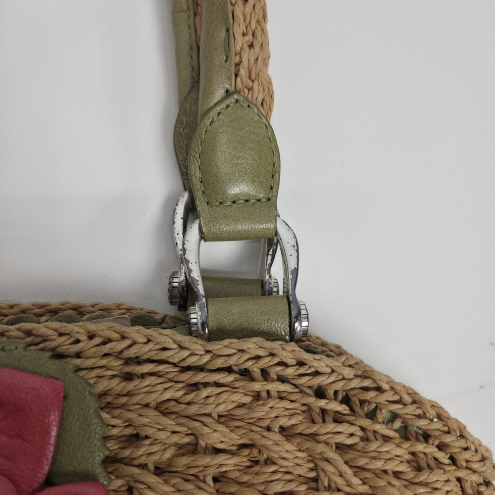 Brighton Shoulder Bag Tan Wicker Pink Leather Flower Accent Top Carry Handles - Picture 9 of 16